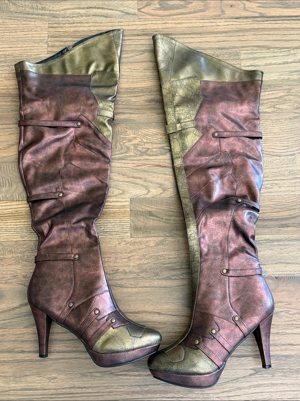 High-Heel Over-the-Knee Boots in Metallic Maroon and Gold.  Wonder Woman Boots